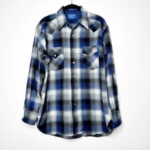Pendleton Western Pearl Snap Wool Shirt Blue Plaid Men’s Large Vintage USA
